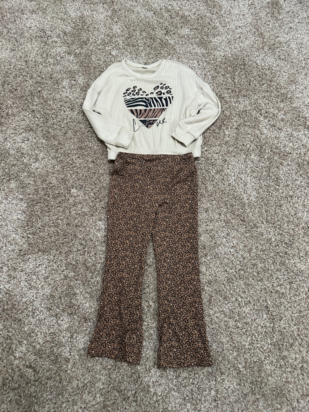 Cream Heart Print Ribbed Top & Brown Leopard Flare Pants Set